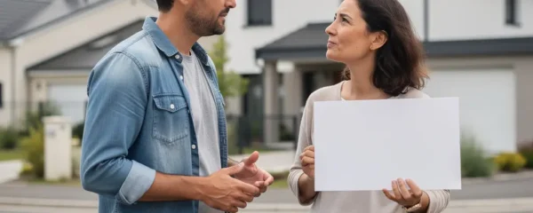Couple français devant maison à vendre discutant projet immobilier