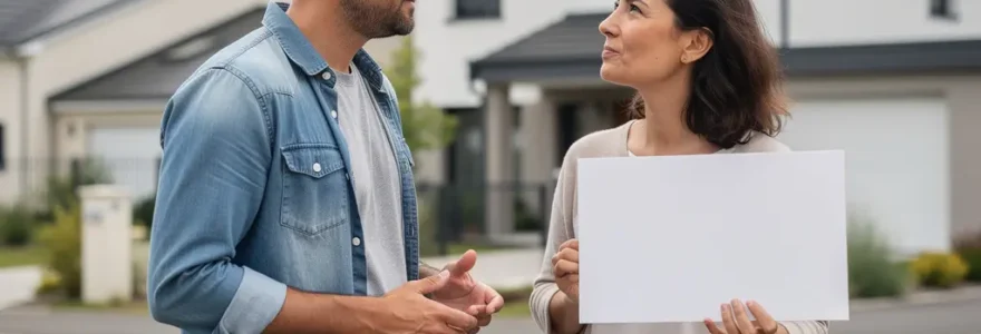 Couple français devant maison à vendre discutant projet immobilier