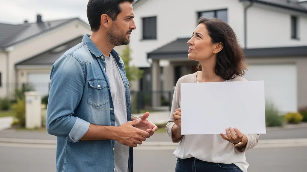 Couple français devant maison à vendre discutant projet immobilier