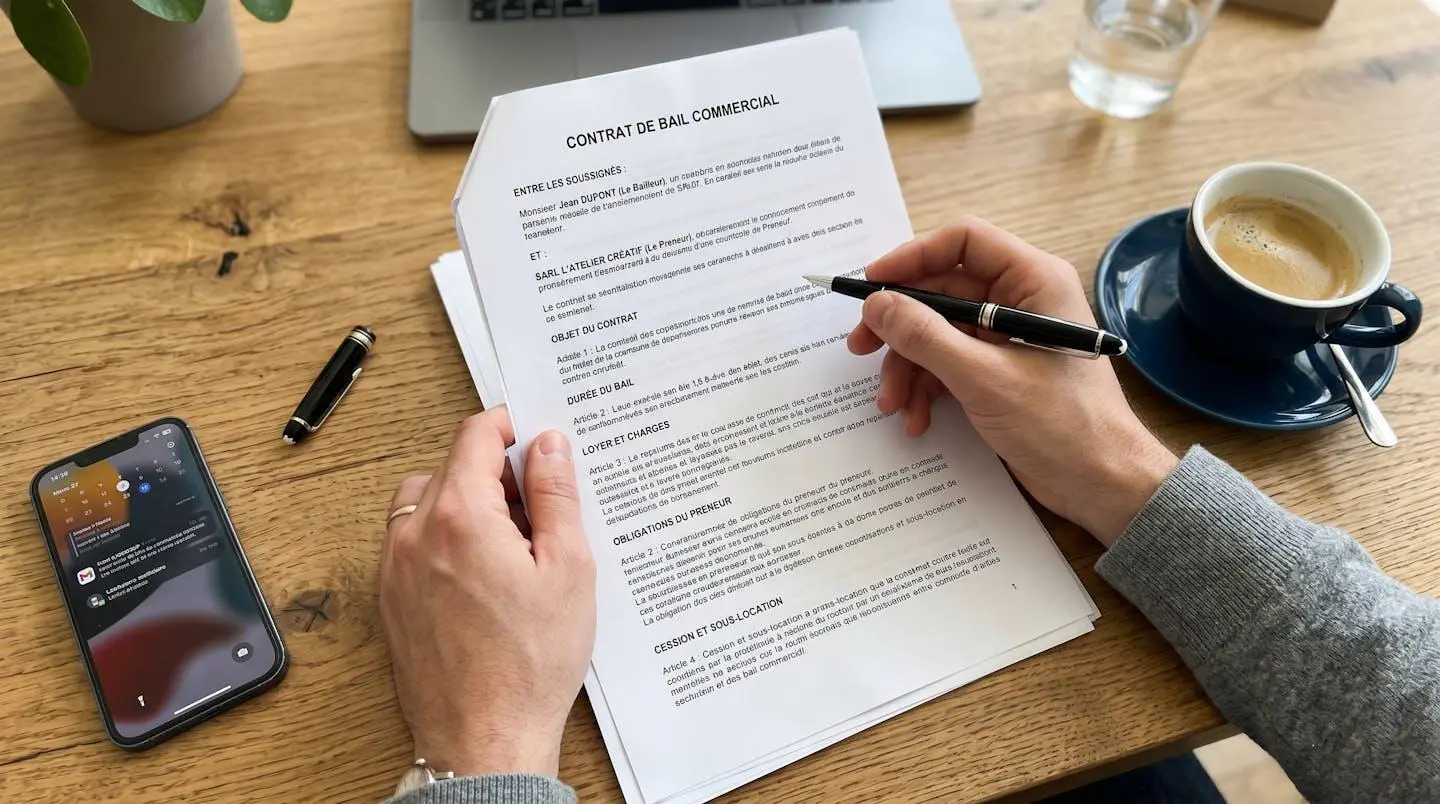 Gros plan sur les pages d'un contrat de bail commercial avec texte de clauses visible mais flouté, main de professionnel pointant un passage en arrière-plan