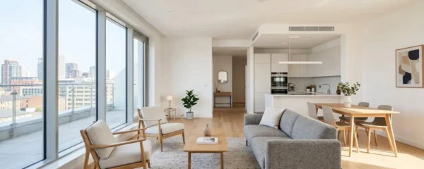 Intérieur contemporain d'un appartement meublé en résidence de services, lumineux et vide, avec grandes fenêtres et mobilier design prêt pour une visite d'acheteur potentiel