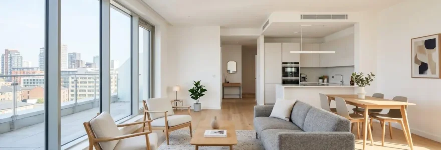 Intérieur contemporain d'un appartement meublé en résidence de services, lumineux et vide, avec grandes fenêtres et mobilier design prêt pour une visite d'acheteur potentiel