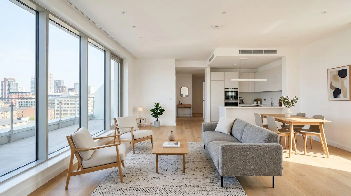 Intérieur contemporain d'un appartement meublé en résidence de services, lumineux et vide, avec grandes fenêtres et mobilier design prêt pour une visite d'acheteur potentiel