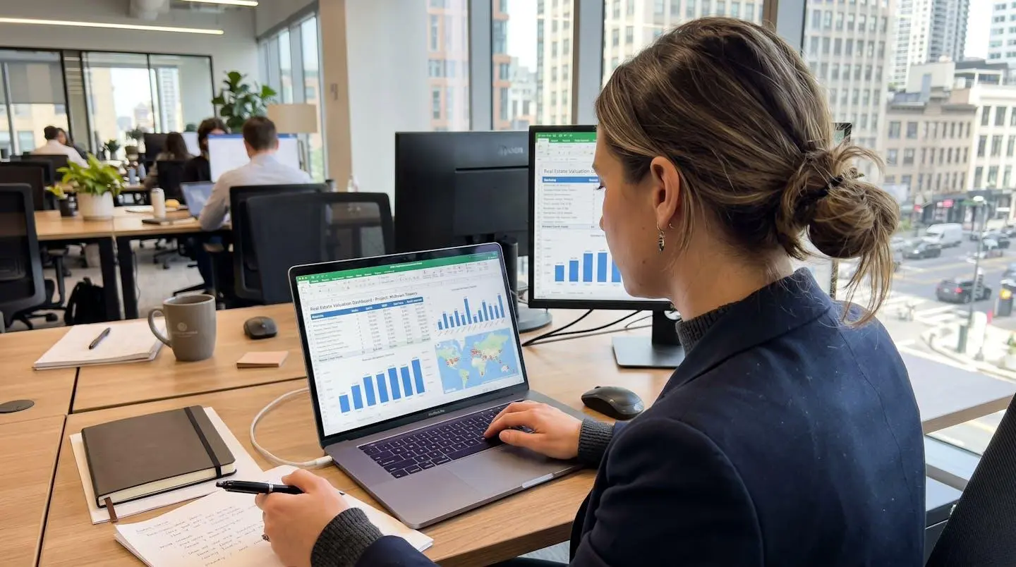 Professionnel vu de dos consultant des documents d'estimation immobilière sur écran d'ordinateur portable flouté, bureau contemporain lumineux